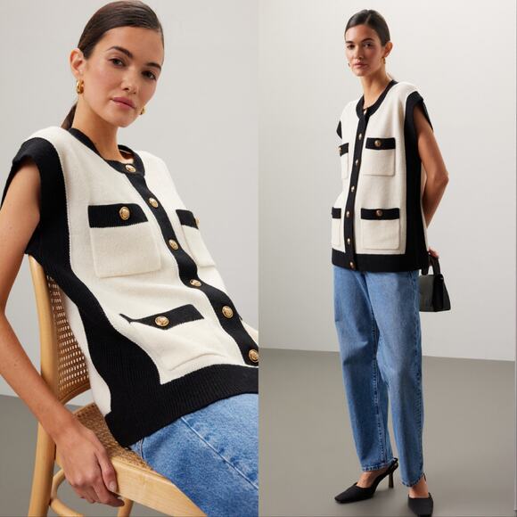 Sandro Lunea Wool Contrasting Knit Sleeveless Coatigan Cardigan Sweater - Picture 1 of 7